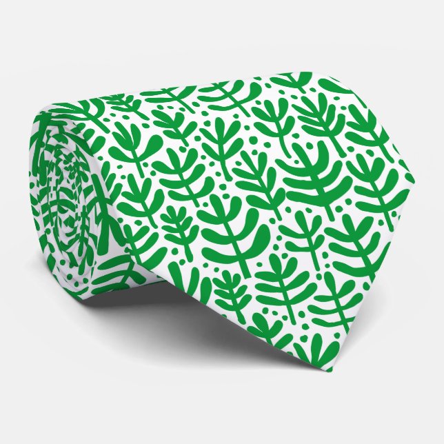 Gravata Padrão de Samambaia - Verde Grama em Branco (Rolled)
