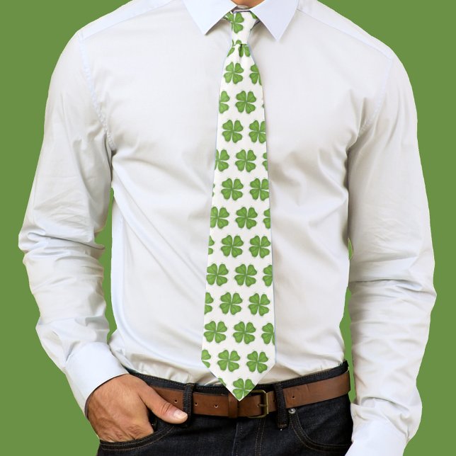Gravata Padrão de Shamrock de quatro folhas verdes (Four leaf clover pattern green and white mens tie. )