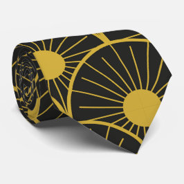 Gravata Padrão de Sol Dourado Art Déco Brilhante em Preto