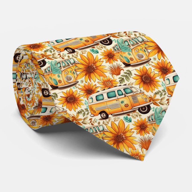 Gravata Padrão de Van de Girassol Retro – Boho Hippie Vint (Rolled)