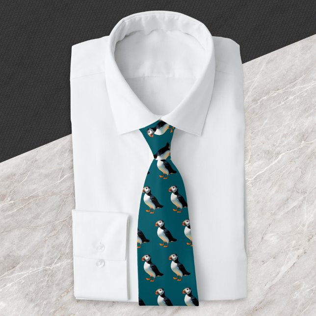 Gravata Padrão de Vida Selvagem Azul no Oceano Negro dos P (A stylish tie in teal, patterned with Atlantic puffin birds)