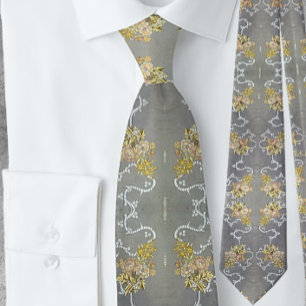 Gravata Padrão de Vintagem de Prata Floral Dourada Elegant