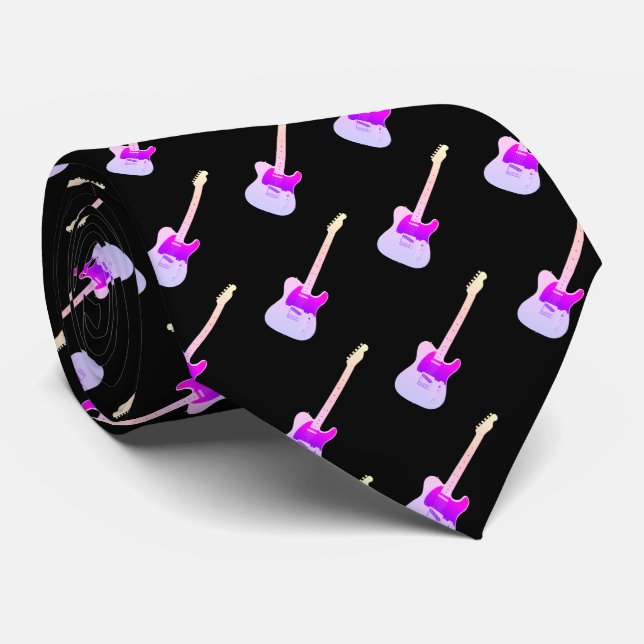 Gravata Padrão de Violão Elétrico Roxo em Preto (Rolled)