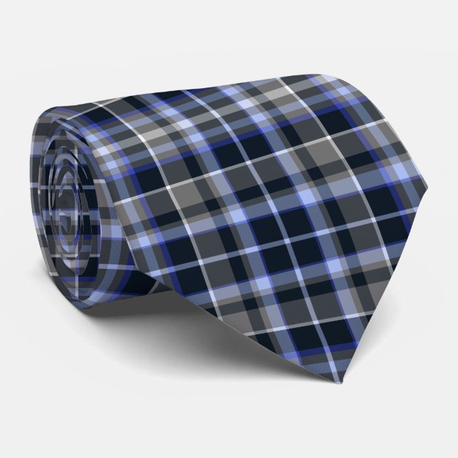 Gravata Padrão de Xadrez Azul Tartan da Cinza Moderna (Rolled)