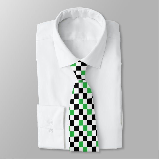 Gravata Padrão de xadrez verde preto e branco (Amarrado)