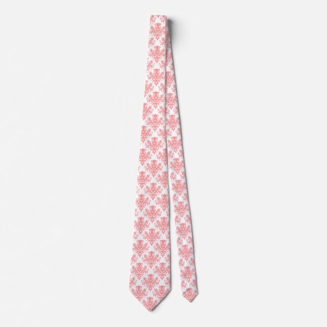 Gravata Padrão do Damask 02 - Cor-de-rosa suave em branco (Frente)