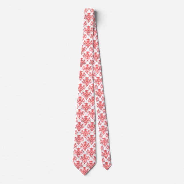 Gravata Padrão do Damask 02 - Rosa tropical em branco (Frente)