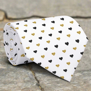 Gravata Padrão Elegante de Coração Minúsculo Preto Dourado