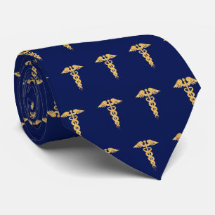 Gravata Padrão Elegante do Caduceu Dourado no Pescoço Azul