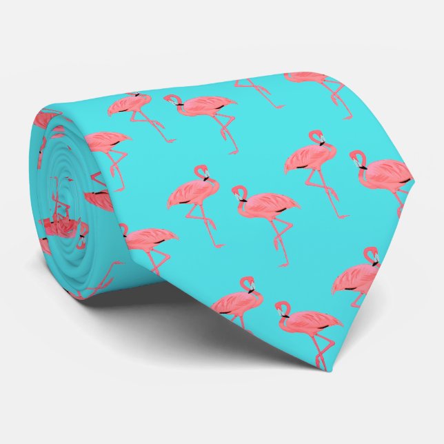Gravata Padrão Flamingo Rosa Quente em Turquesa (Rolled)