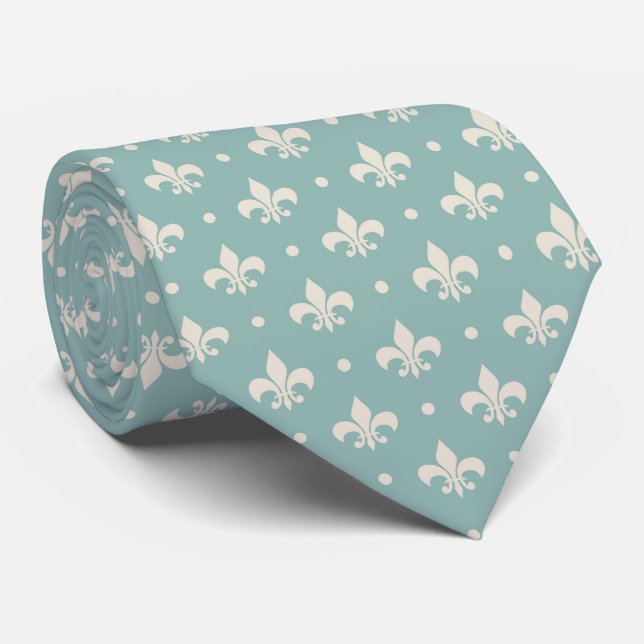 Gravata Padrão Fleur De Lis da cinza em fundo de turquesa (Rolled)