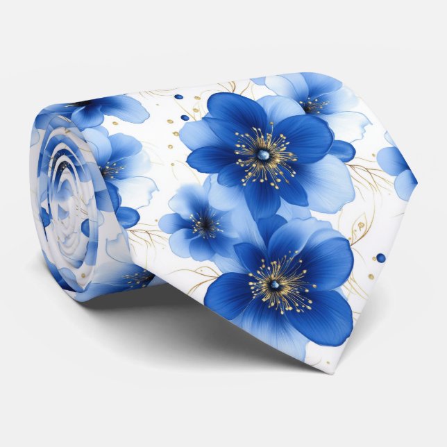 Gravata Padrão Floral Azul com Acentos Dourados (Rolled)
