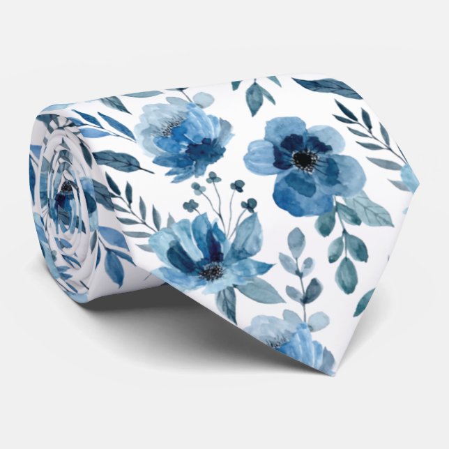 Gravata Padrão Floral Azul Elegante Para Casamentos (Rolled)