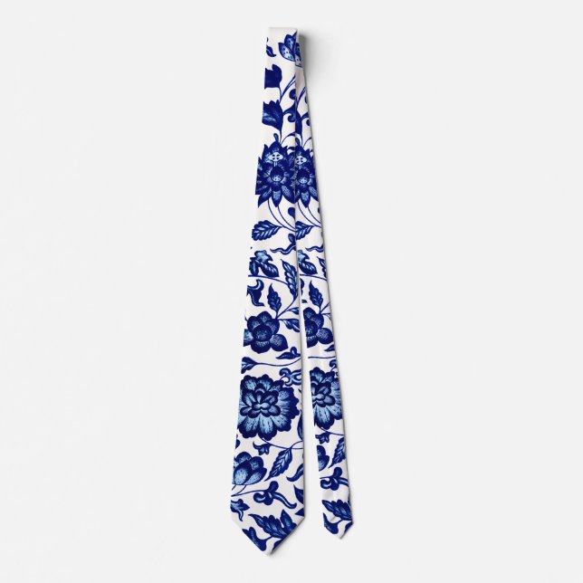 Gravata Padrão floral azul-marinho chinês em branco (Frente)