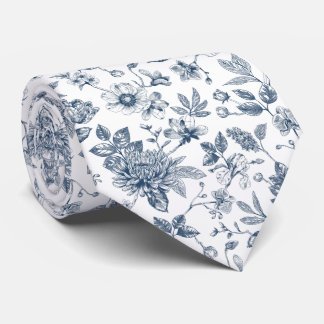 Gravata Padrão Floral Azul Marinho Vintage Toile-De-Jouy