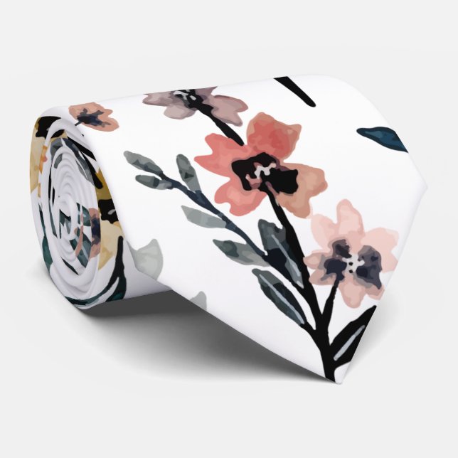 Gravata Padrão Floral Botânico de Cor Branca Moderna (Rolled)