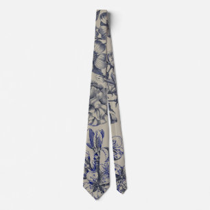 Gravata Padrão Floral Botânico Toile Azul Vintage Antigo