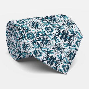 Gravata Padrão Floral Branco e Teal