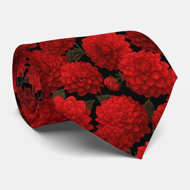 Gravata Padrão Floral Dália Vermelha (Rolled)