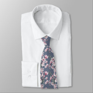 Gravata Padrão Floral de Aves Rosa e Azul Elegante