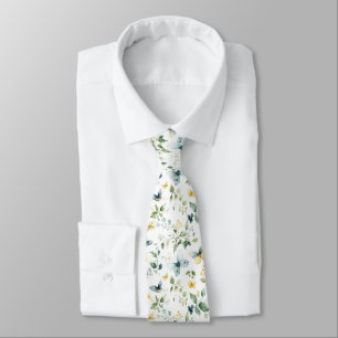 Gravata Padrão Floral de Borboleta em Aquarela em Amarelo