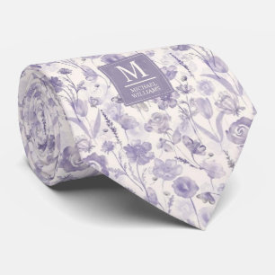 Gravata Padrão Floral de Flores de Lavanda Roxo em Aquarel