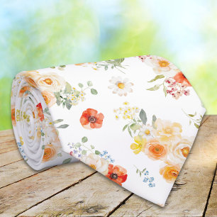 Gravata Padrão Floral de Flores Ensolaradas em Aquarela