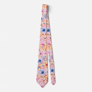 Gravata Padrão Floral de Flores Silvestres Coloridas em Aq