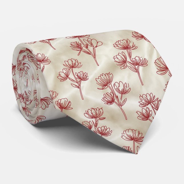 Gravata Padrão Floral de Linha Mínima Vermelha (Rolled)