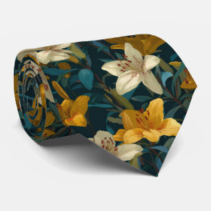 Gravata Padrão Floral de Lírio Amarelo e Creme