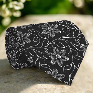 Gravata Padrão Floral de Luxo Elegante Preto e Branco