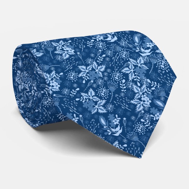 Gravata Padrão floral de Natal azul (Rolled)