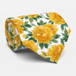 Gravata Padrão Floral de Peônia Amarela em Aquarela