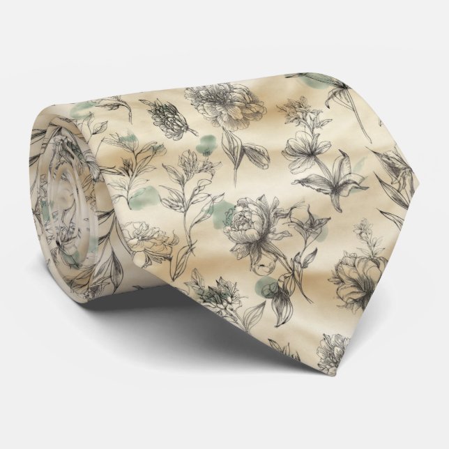 Gravata Padrão Floral Desenhado à Mão Estilo Esboço (Rolled)