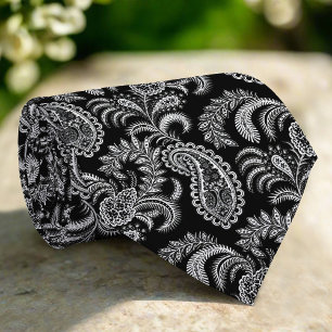 Gravata Padrão Floral do Damasco Elegante Preto e Branco