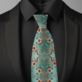 Gravata Padrão Floral Elegante de Cobre e Turquesa
