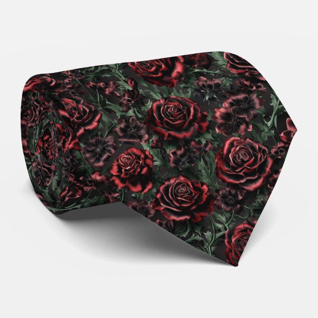 Gravata Padrão Floral Gótico Vermelho Escuro (Rolled)