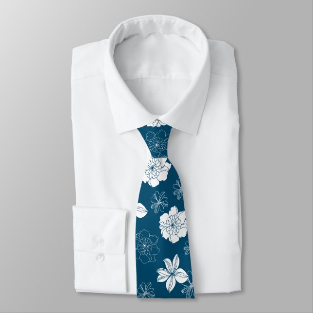 Gravata Padrão Floral Gráfico Branco e Azul (Amarrado)
