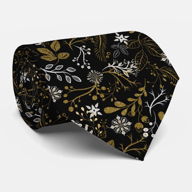 Gravata Padrão floral intrincado com dourado e branco (Rolled)