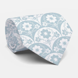 Gravata Padrão Floral Japonês em Azul Suave e Branco