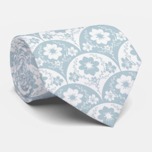 Gravata Padrão Floral Japonês em Azul Suave e Branco