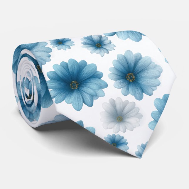 Gravata Padrão Floral Margarida Azul Branca (Rolled)
