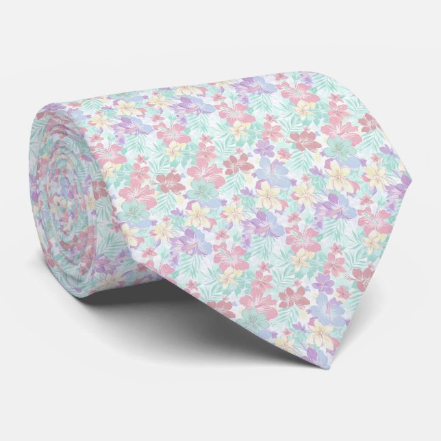 Gravata Padrão Floral Pastel Tropical (Rolled)