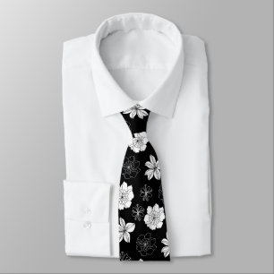 Gravata Padrão Floral Preto e Branco