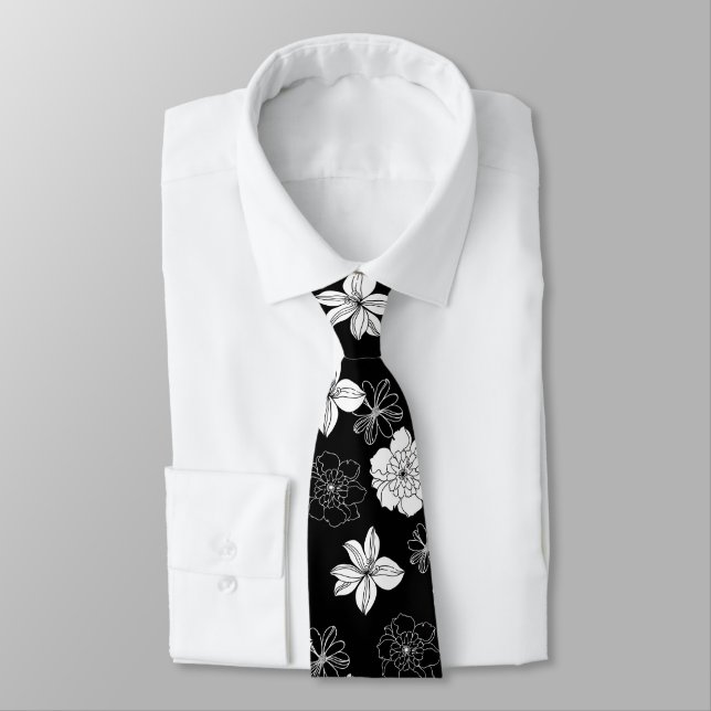 Gravata Padrão Floral Preto e Branco (Amarrado)