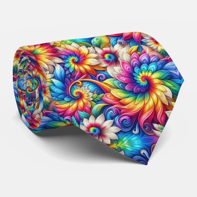Gravata Padrão Floral Psicotrópico Tie-Dye (Rolled)