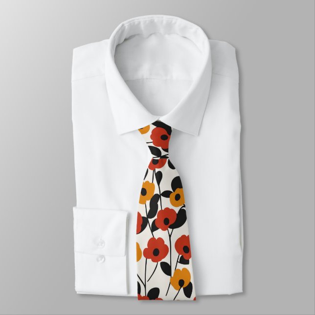 Gravata Padrão Floral Retroativo Negrito Vermelho, Laranja (Amarrado)