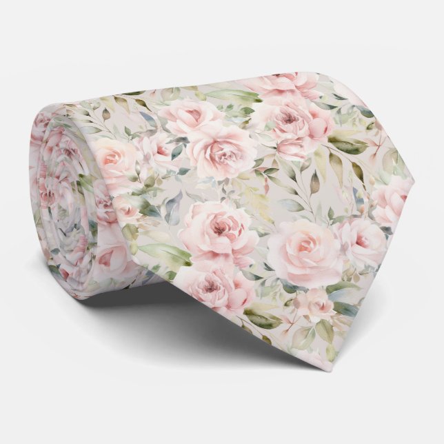 Gravata Padrão Floral Rosa Aguada Bege (Rolled)