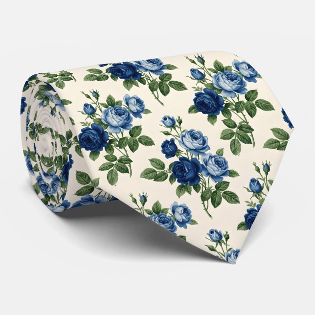 Gravata Padrão Floral Rosa Azul (Rolled)