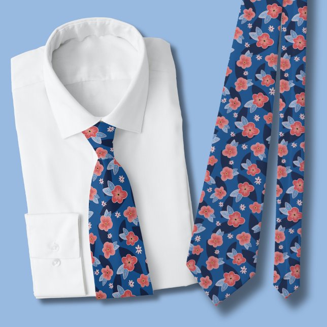 Gravata Padrão Floral Rosa e Azul (Peach floral blue tie )